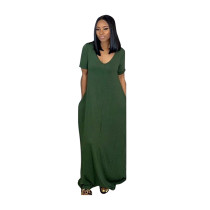 Solid Color Loose Shoulder Short Sleeve Long Dress with Pocket