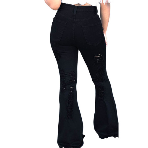 Casual Denim Hole Tassel Flared Pants