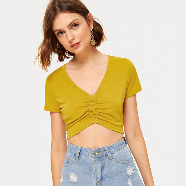 Casual Solid Color V Neck Pleated Sweatshirt