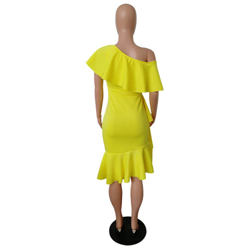 Stylish Off the Shoulder Ruffle Design Knee Length Dress