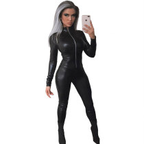 Black Zipper PU Leather Jumpsuit