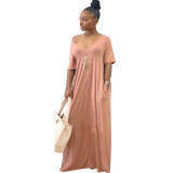 Solid Color Loose Shoulder Short Sleeve Long Dress with Pocket