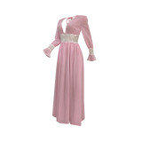 Stylish V Neck Patchwork Floor Length Dress