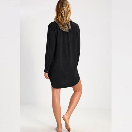Black Long Sleeve Pockets Solid Beach Blouse