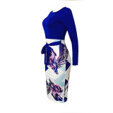 Women Printed Patchwork Belted Midi Work Office Party Pencil Dress
