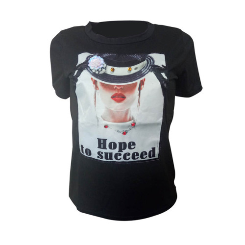 Solid Color Printed Hot Diamond T-shirt