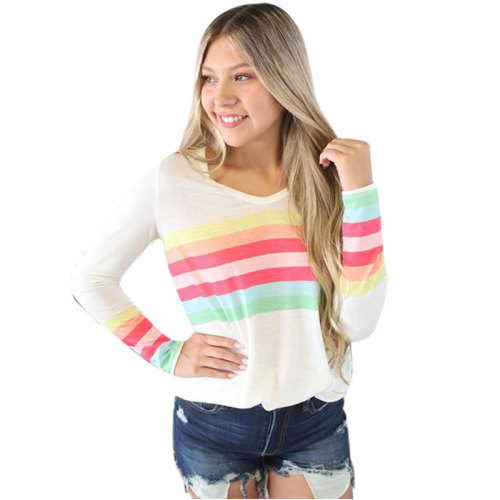 Rainbow Striped Cotton V-neck Top