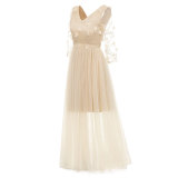V-neck Lace Embroidered Flower Bridesmaid Dress
