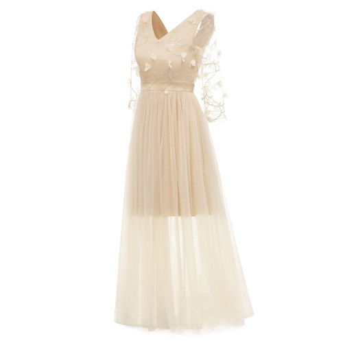 V-neck Lace Embroidered Flower Bridesmaid Dress
