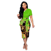 Casual Print Patchwork Short Sleeve Belted Midi Dress
