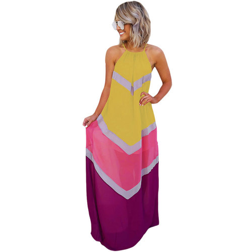 Color Block Sleeveless Pleated A-Line Maxi Dress