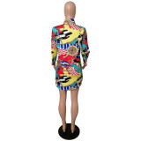 Casual Irregular Printed Buttons Design Mini Dress