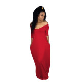 Solid Color Loose Shoulder Short Sleeve Long Dress with Pocket