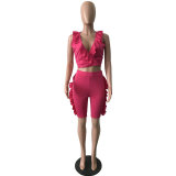Sleeveless Solid Flounced Casual Suit