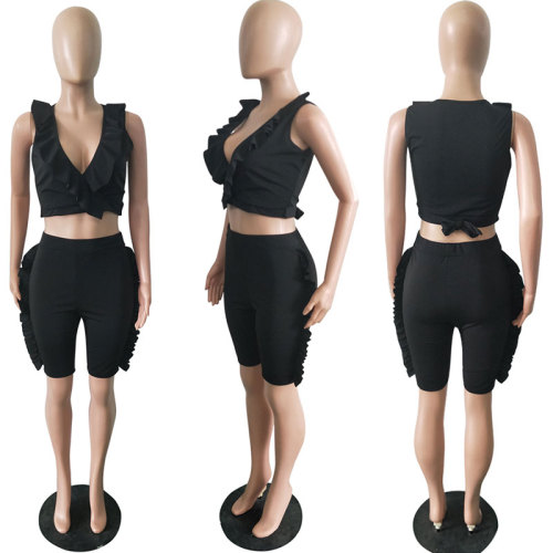 Sleeveless Solid Flounced Casual Suit