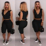 Sleeveless Solid Flounced Casual Suit