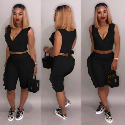 Sleeveless Solid Flounced Casual Suit