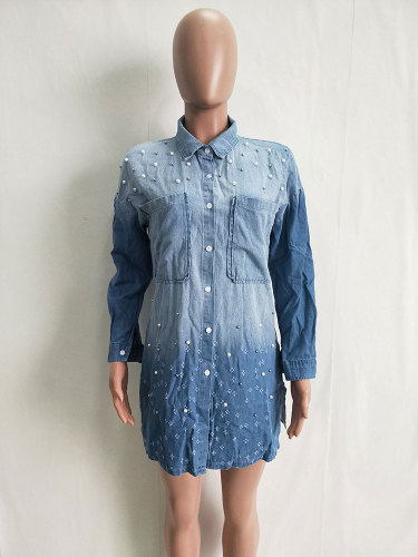 Long Sleeve Beaded Denim Cardigan Dress