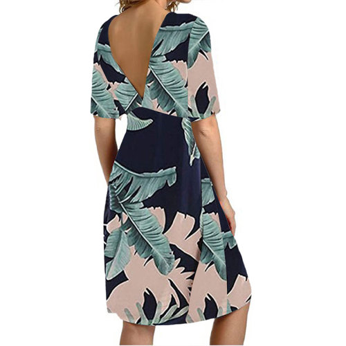 Casual V Neck Print Midi Dress