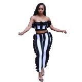 Nifty Bateau Neck Ruffle Design Striped Two-Piece Pants Set