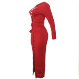 Red Lace up Front Long Evening Cocktail Dress
