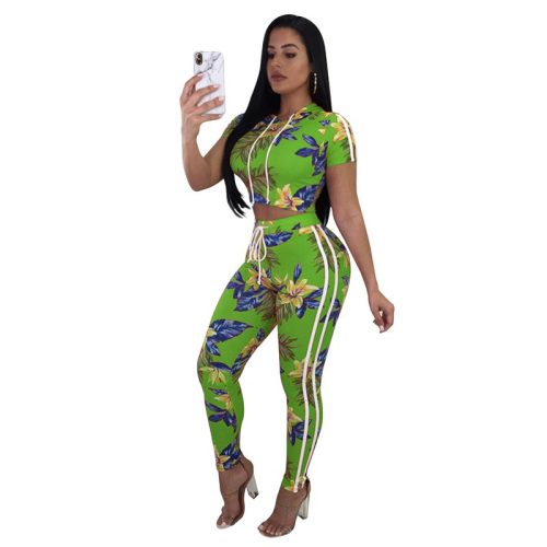 Casual Hooded Collar Floral Printed Two-Piece Pants Set