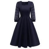 Sequare Neck A-Line Dress with Lace Sleeves