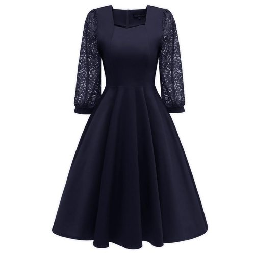 Sequare Neck A-Line Dress with Lace Sleeves