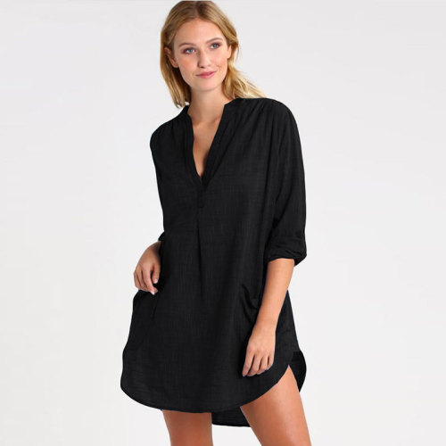 Black Long Sleeve Pockets Solid Beach Blouse