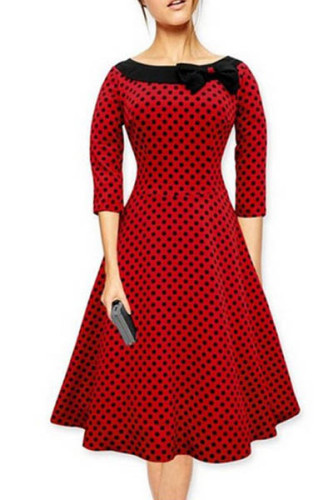 Vintage Slash Neck Bowknot Polka Dot Skater-dress L36069-1