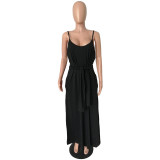 Womens Spaghetti Strap Pocket Maxi Dress with Belt