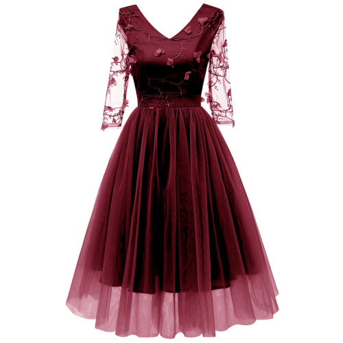 Women's V Neck Lace Sleeve Vintage Floral Dress