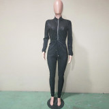 High Neck Zipper Bronzing Jumpsuit with Belt