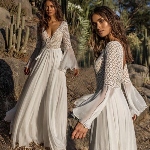 Hollow Lace Chiffon Flare Sleeves Beach Dress
