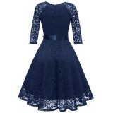 V-Neck Lace Three Quarter Sleeve A-Line Dress