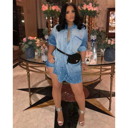 Long Sleeve Beaded Denim Cardigan Dress