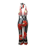 Stripe Print Flowers Halter Jumpsuit With Wide Leg