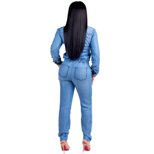Fashion Motorsport Bandage Denim Jumpsuit