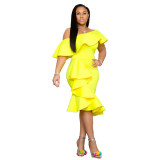Stylish Off the Shoulder Ruffle Design Knee Length Dress