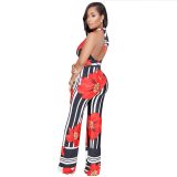Stripe Print Flowers Halter Jumpsuit With Wide Leg