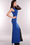 Royal Blue Black One Shoulder Lace Long Sleeve Dress L5007-1
