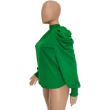 Women Bow Back Stand Neck Puff Long Sleeve Blouses Tops