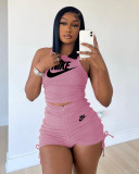 Pink Ladies Pyrography Shirring Tank Top Shorts Casual Two Piece Set