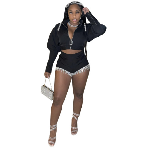 Sexy Solid Black Lace Tassel Split Joint Zipper Stand-up Collar Long Sleeve Two Pieces