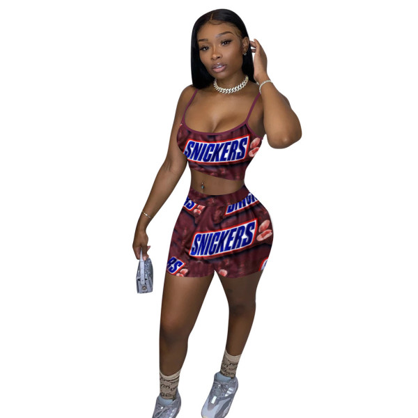 Spoof Letter Printed Sports Straps Short Set