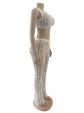 White Summer Knit Rib Cut Out Beach Wear Cover Sexy Fishnet See Through Tank Crop Top + Pants