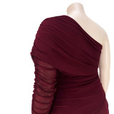 Plus Size Lavish One Shoulder Double-layer Mesh Pleated Dress - Wine Red