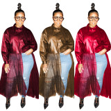 Brown Winter Women's Wear Big Collar PU leather Coat with Mesh Leather Jacket