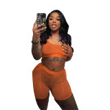 Sexy Solid Split Joint Mesh See Through U Neck Sleeveless Crop Vest Two Pieces