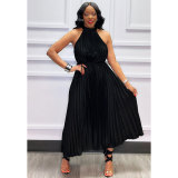 Summer Black Chiffon Double Tie Sleeveless Long Pleated Dress